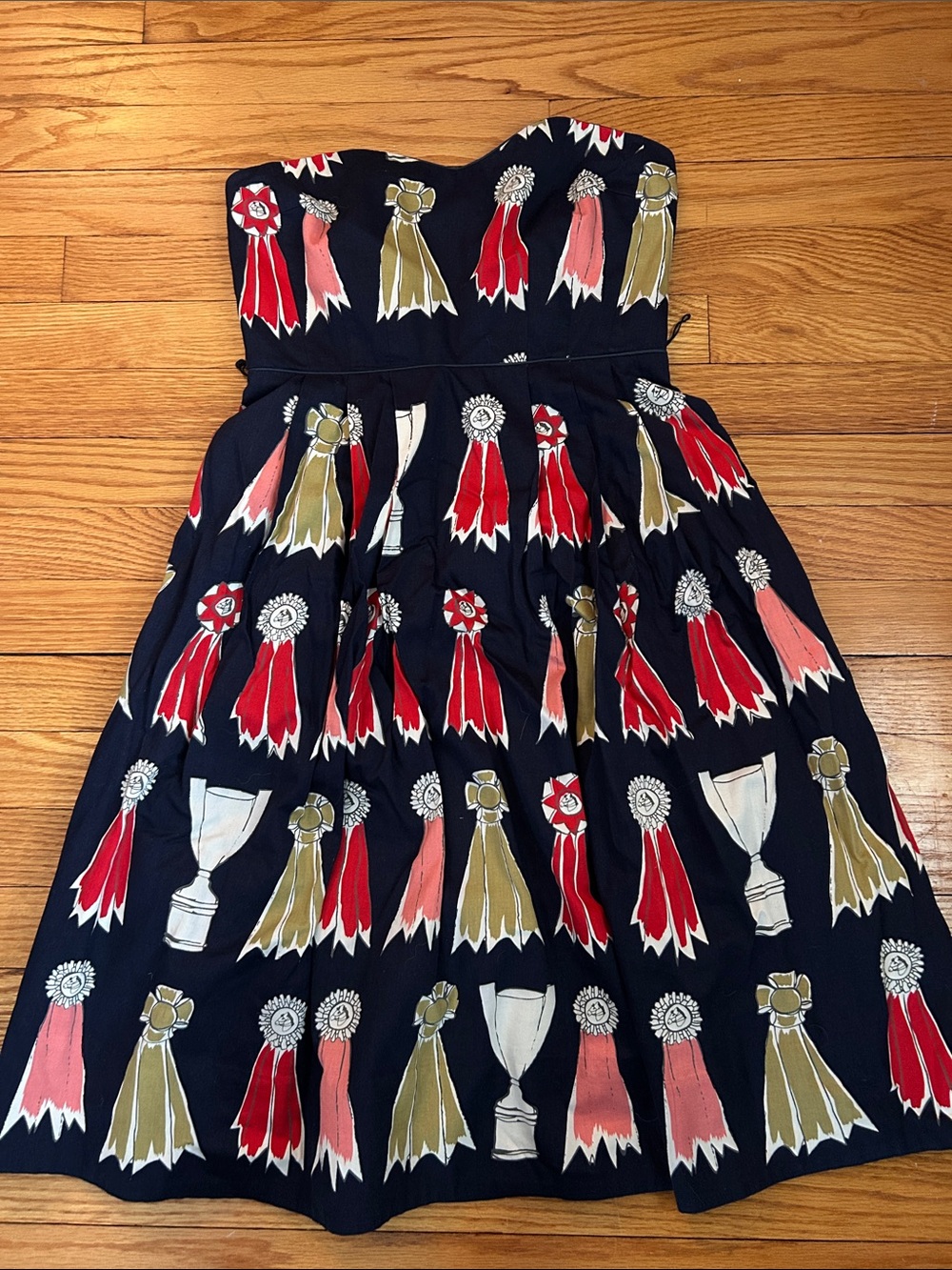 Anthropologie Navy Strapless Midi Dress with Ribbon & Trophy Print